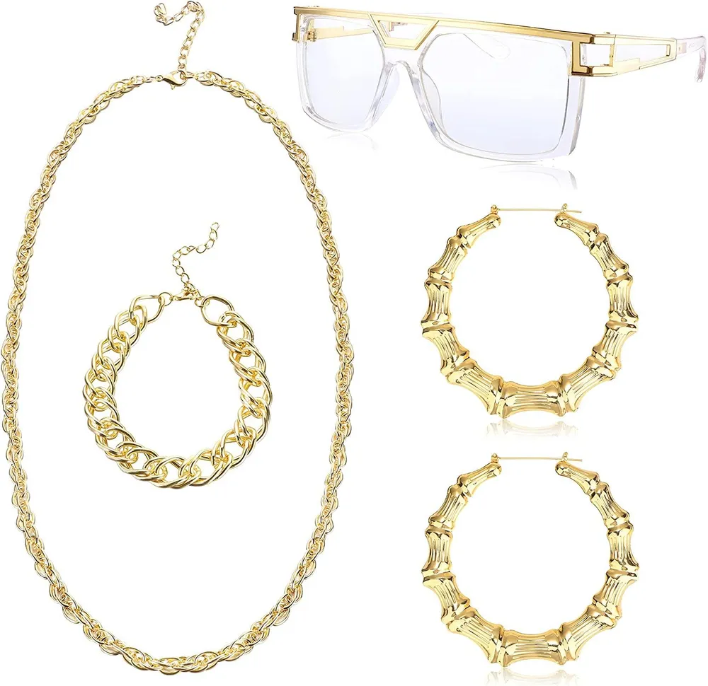 80er / 90er Hip Pop Kostüm Kit für Frauen Männer Old School Rapper DJ Hip Pop Sonnenbrille Bambus Hoop Ohrringe Punk Hip Hop Rapper Kostüm Theme Party Outfits