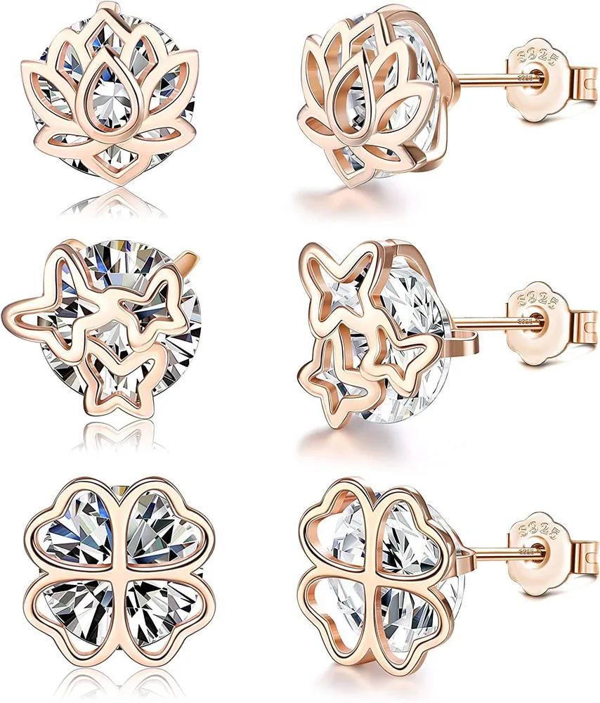 3Paars Sterling Silber Stud Ohrringe Set Plated Lotus Four-Klee Leaf Butterfly Sparkling Cubic Zirkonia Stud Ohrringe für Frauen