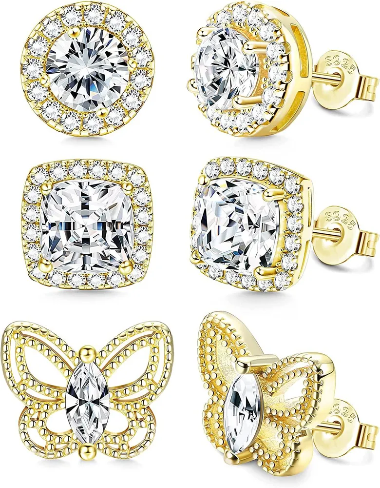 3Paare 925 Sterling Stud Ohrringe Set für Frauen Mädchen Kubik Zirkonia Brilliant Round Square Butterfly Faux Diamond Halo Ohrringe für Braute Brautjungfer Hochzeit