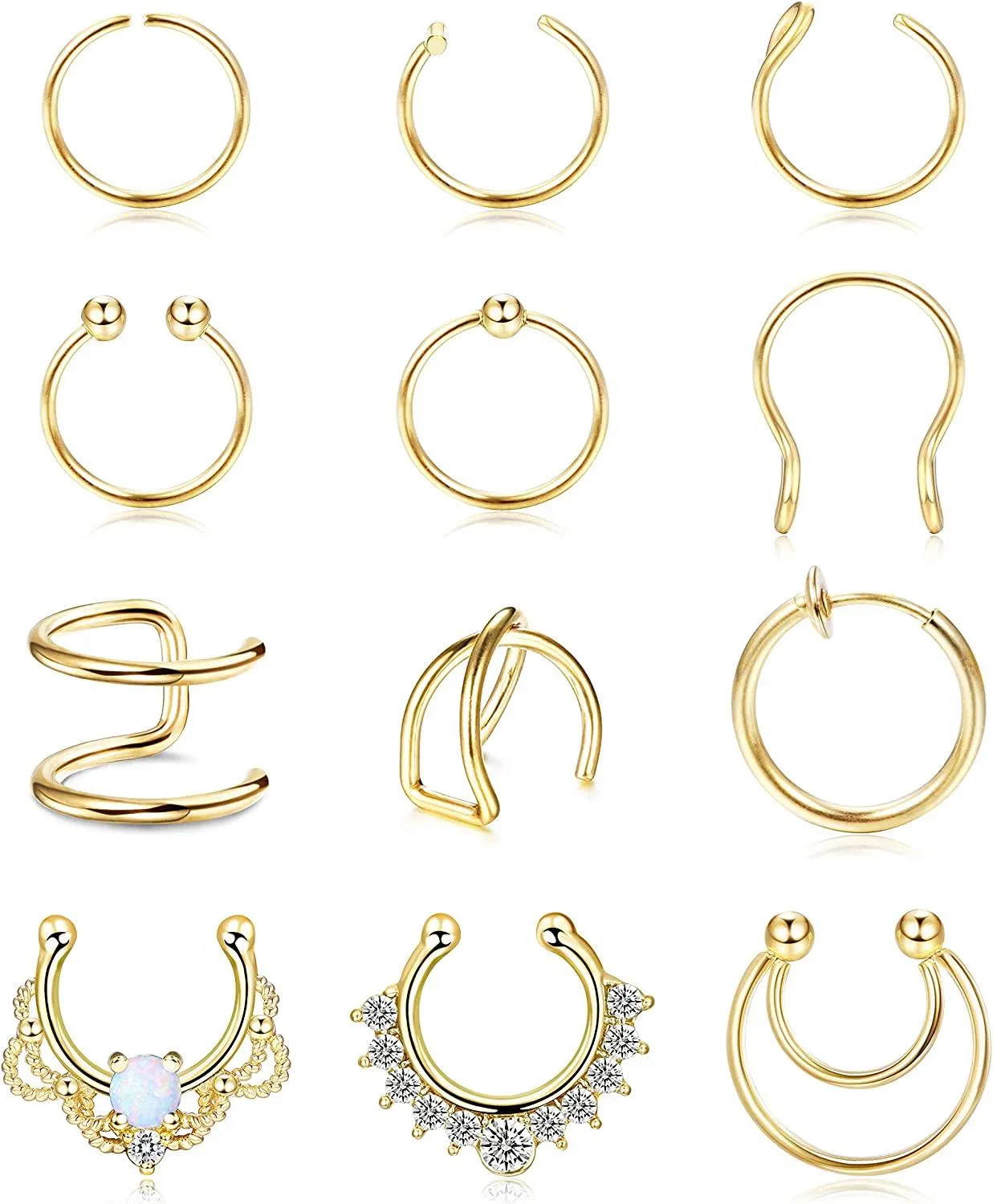 12Pcs Falsche Nase Ringe Hoop Edelstahl Faux Septum Piercing Clip Auf Nase Septum Ring Faux Nicht-Pierced Nasen Ringe Ohrringe