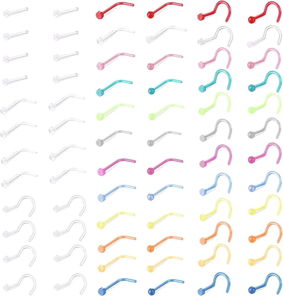 72Pcs 20g Clear Nose Rings Studs Retainer für die Arbeit Bioflex L-Form Corkscrew Silicone Nose Ringe Piercing für Frauen Männer Round Flat Top Nose Stud