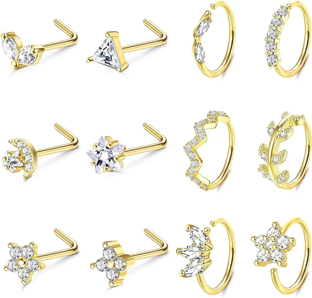 12PCS 20G Edelstahl Nasen Ringe Hoop Stud Set für Frauen CZ Schmetterlingsblume Blätter Nasenring Nasen Ohr Knorpel Piercing Schmuck
