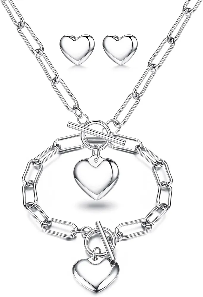 Herz Anhänger Halskette Armband für Frauen Schalter Schließverschluss Papierklift Kette Liebe Herz Stud Ohrringe Charme Choker Halskette Schmuckset