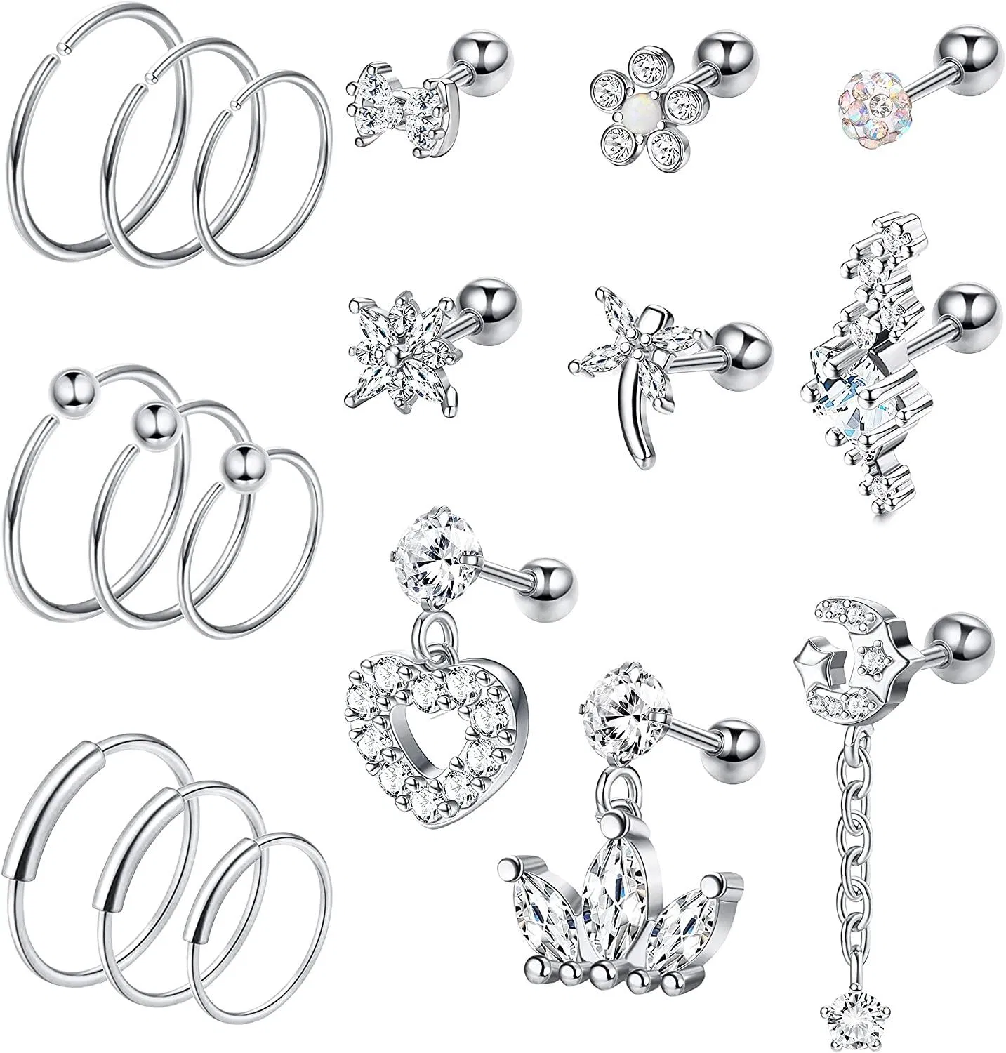 Knorpel-Stapel - Ohrringe CZ für Frauen Vorwärts Helix-Ohrringe Hoop Rook Daith Conch Tragus-Ohrringe Star Moon Butterfly Edelstahl Piercing-Schmuck 18pcs