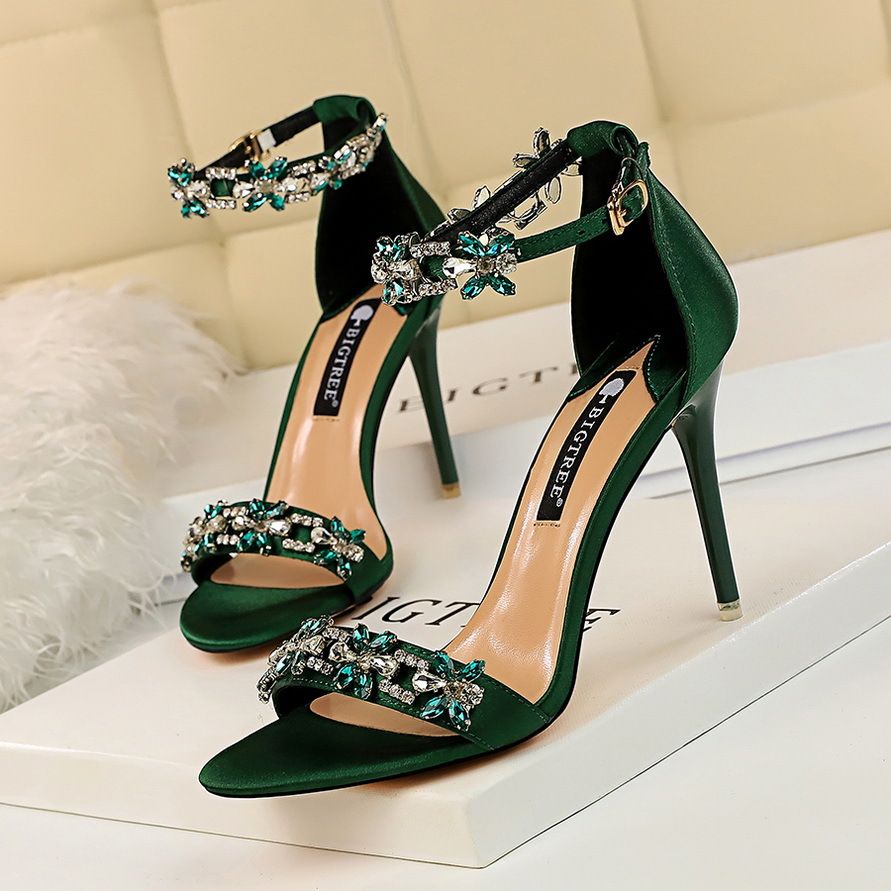 Damen Pumpen; Sexy High-Hit - Schuhe; Formalen Damen Schuhe für Bankett-Party; dünne Ferse High-Hit - Schuhe; Satin offene Zehen Rhinestone ein Wort Sandalen