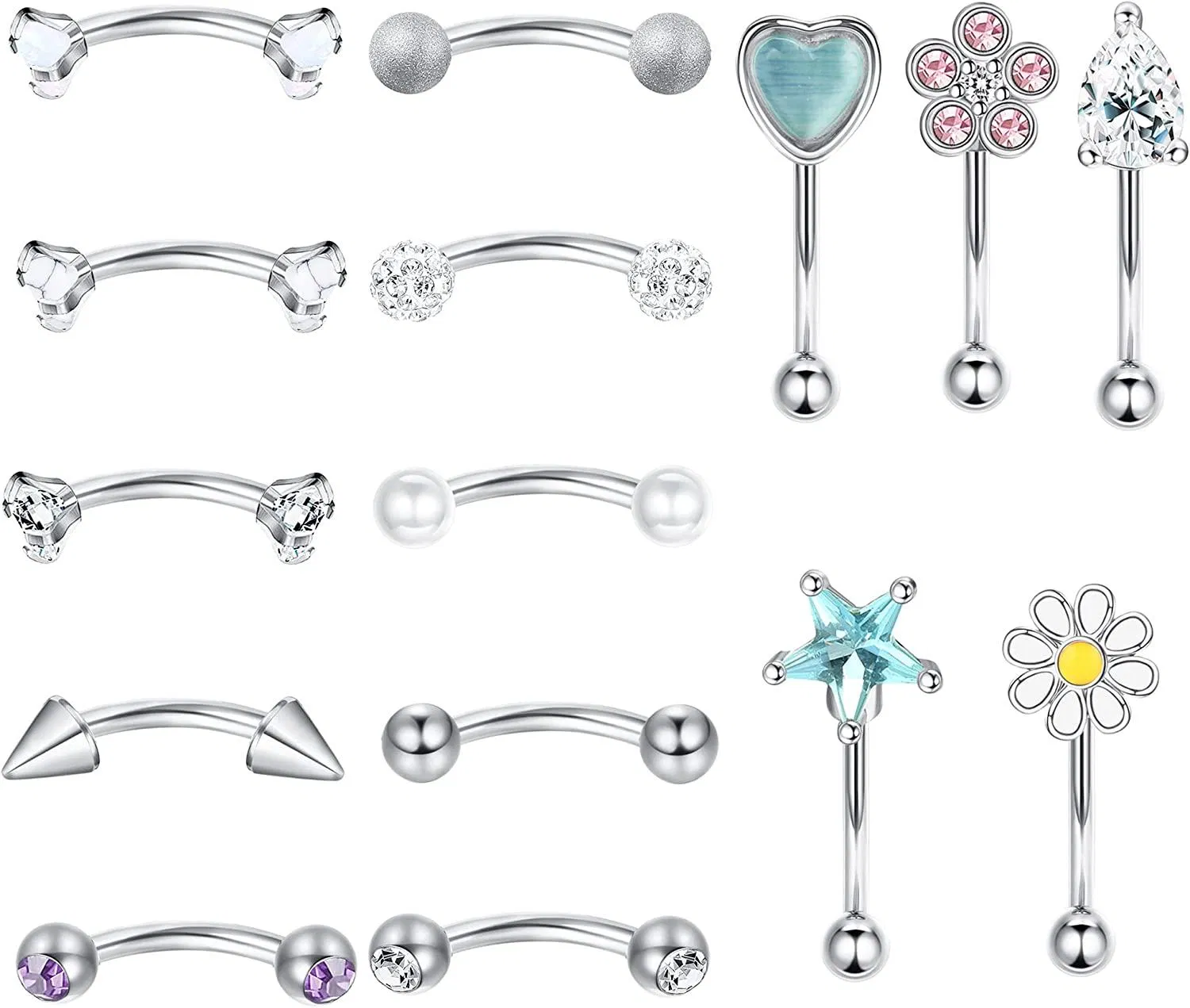 15Pcs 16G Rook Daith Piercing Augenbrauenringe für Frauen Edelstahl Bauch Lippenring Knorpel Tragus Ohrringe CZ Körper Piercing Kurven Barbell Augenbrauen Piercing 8mm