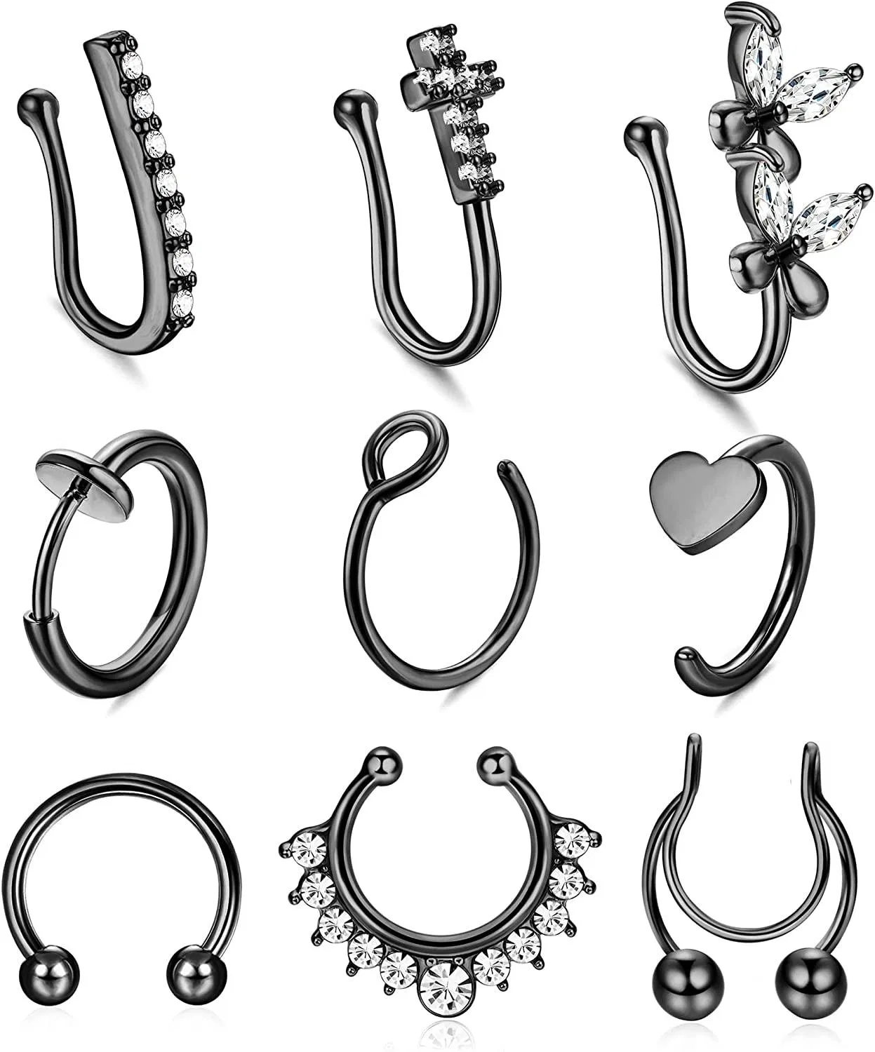 9pcs 16 Edelstahl Falsche Nase Ringe Schleife für Männer Frauen Falsche Piercing Septum Ringe Lippe Ohr Faux Nase Piercing Körper Schmuck