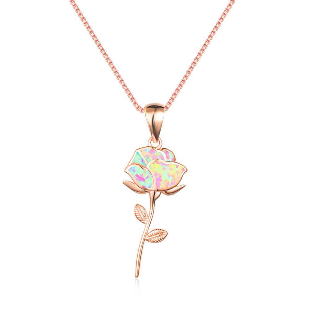 Romantische weibliche weiße Opal-Hänger - Halskette Koreanische Goldene Blatt-Kette - Halskette für Frauen Liebe Hochzeit Dainty Rose-Blumen - Halskette