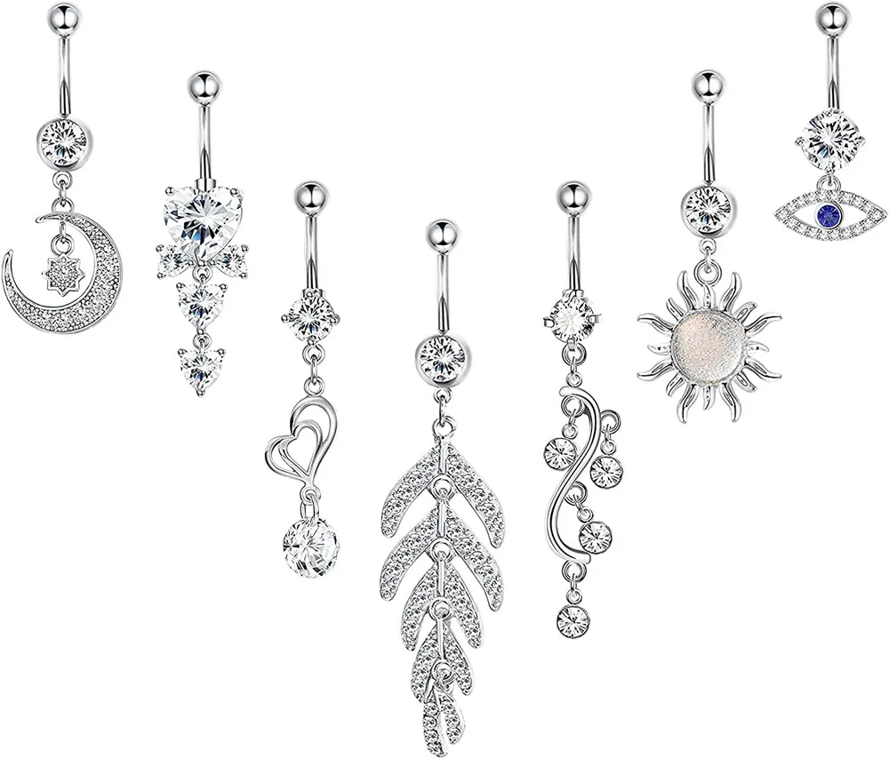 7pcs 14G Dangle Bauchknopfringe für Frauen gebogen Nabelring CZ Körper Piercing 316L Edelstahl Bauchknopfringe Dangle Set