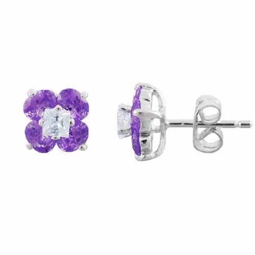 Sterling Silber simulierte Amethyst Cubic Zirkonia und simulierte Diamant CZ Blumenpost Ohrringe