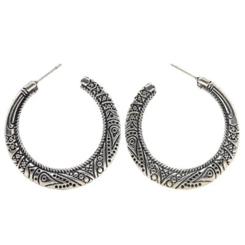 Stud Hoop Ohrringe Leichtgewicht Vintage Gravur Round Dome Halb Large für Frauen 925 Sterling Silber