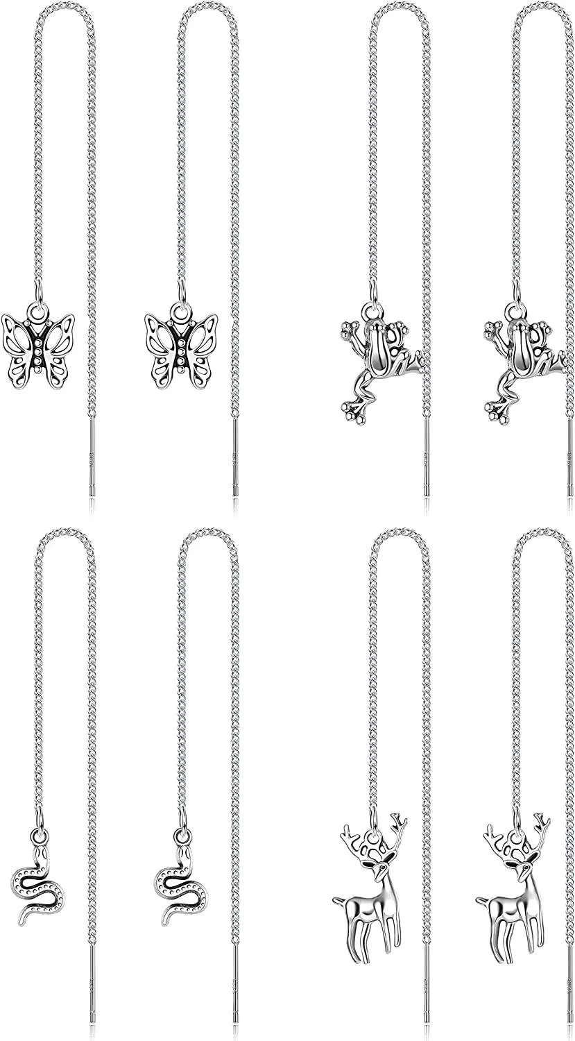 4Pairs Edelsteinless Threader Ohrringe für Frauen Tassel-Kette Ohrringe Frog Deer Snake Butterfly Dangle Drop Chain Ohrringe Set