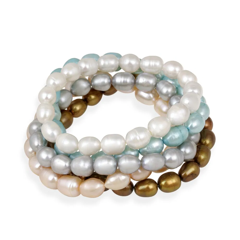 Weiß, Pfirsich, Grau, Bronze, Teal Baroque Frischwasser-Kultivierte Perlen Armbänder, Set von 5