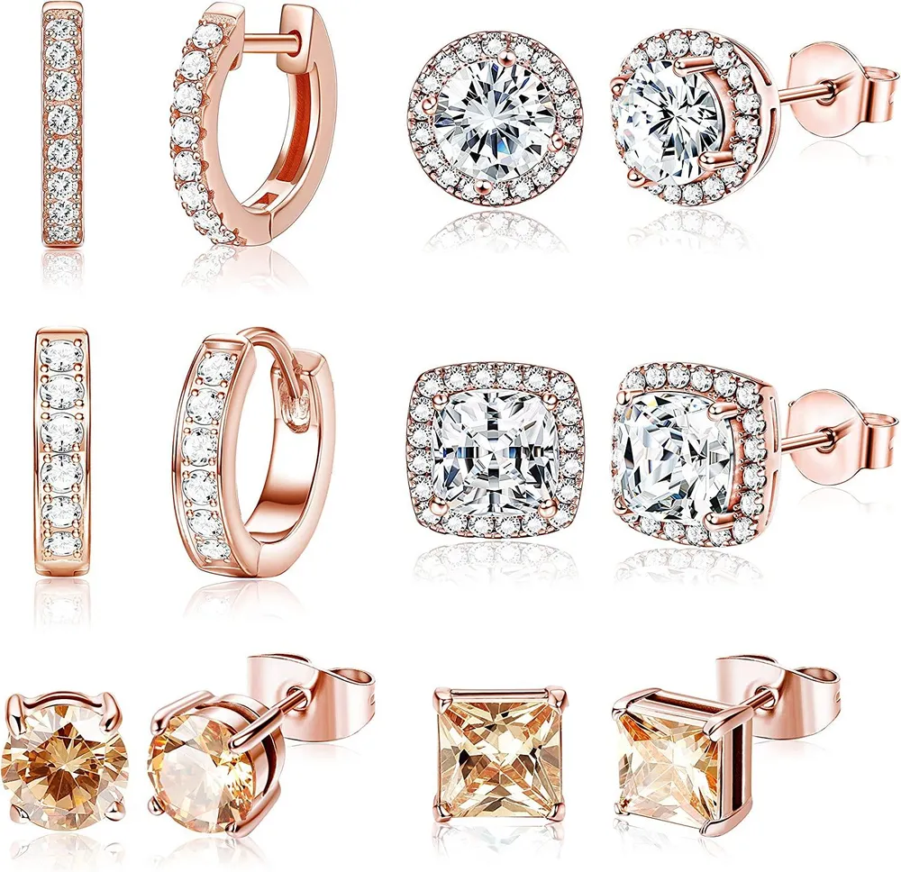 6 Paare Stud Ohrringe für Frauen Round Square Clear CZ Halo Ohrringe Huggie Tiny Small Hoop Ohr Piercing Set