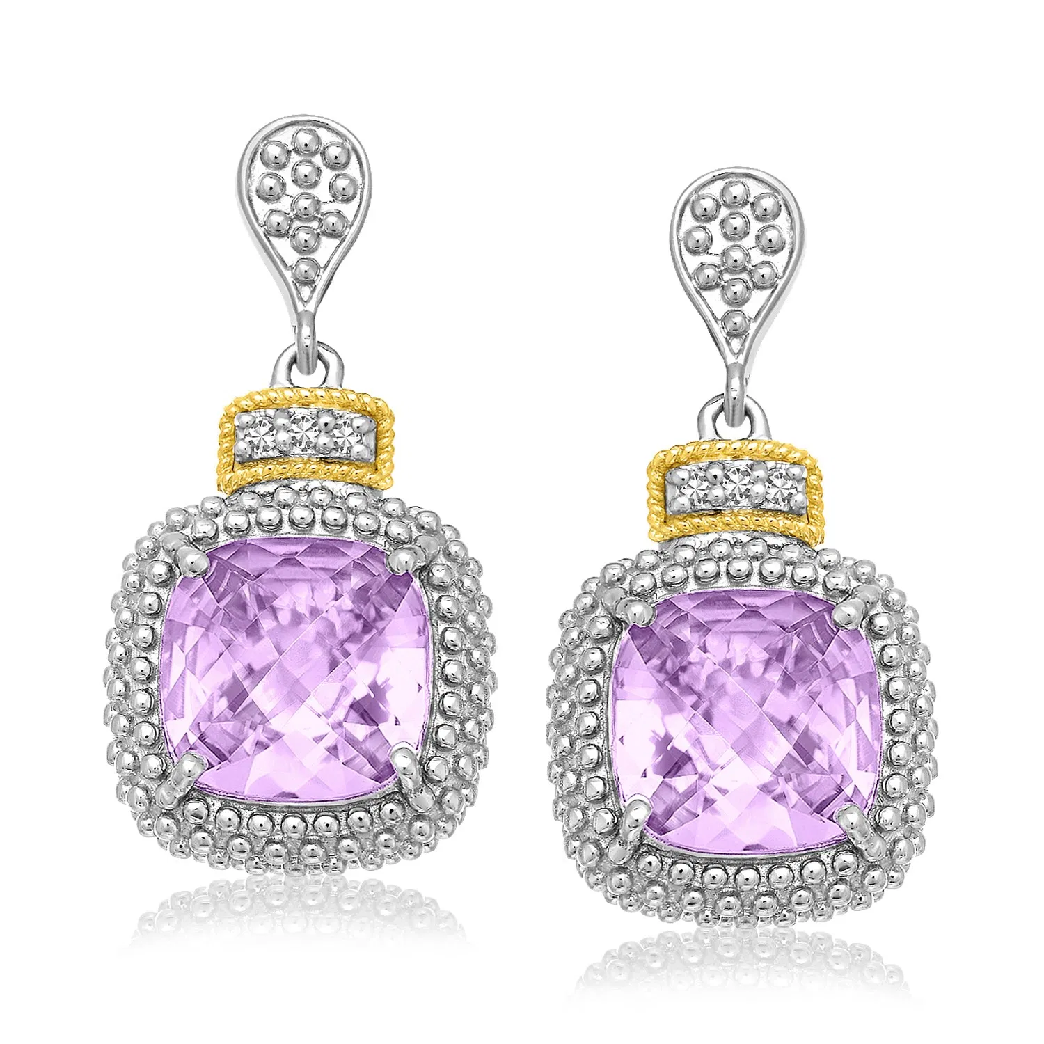 18 Karat Gelbgold & Sterling Silber Kissen Amethyst & Diamant Ohrringe (.05cttw)