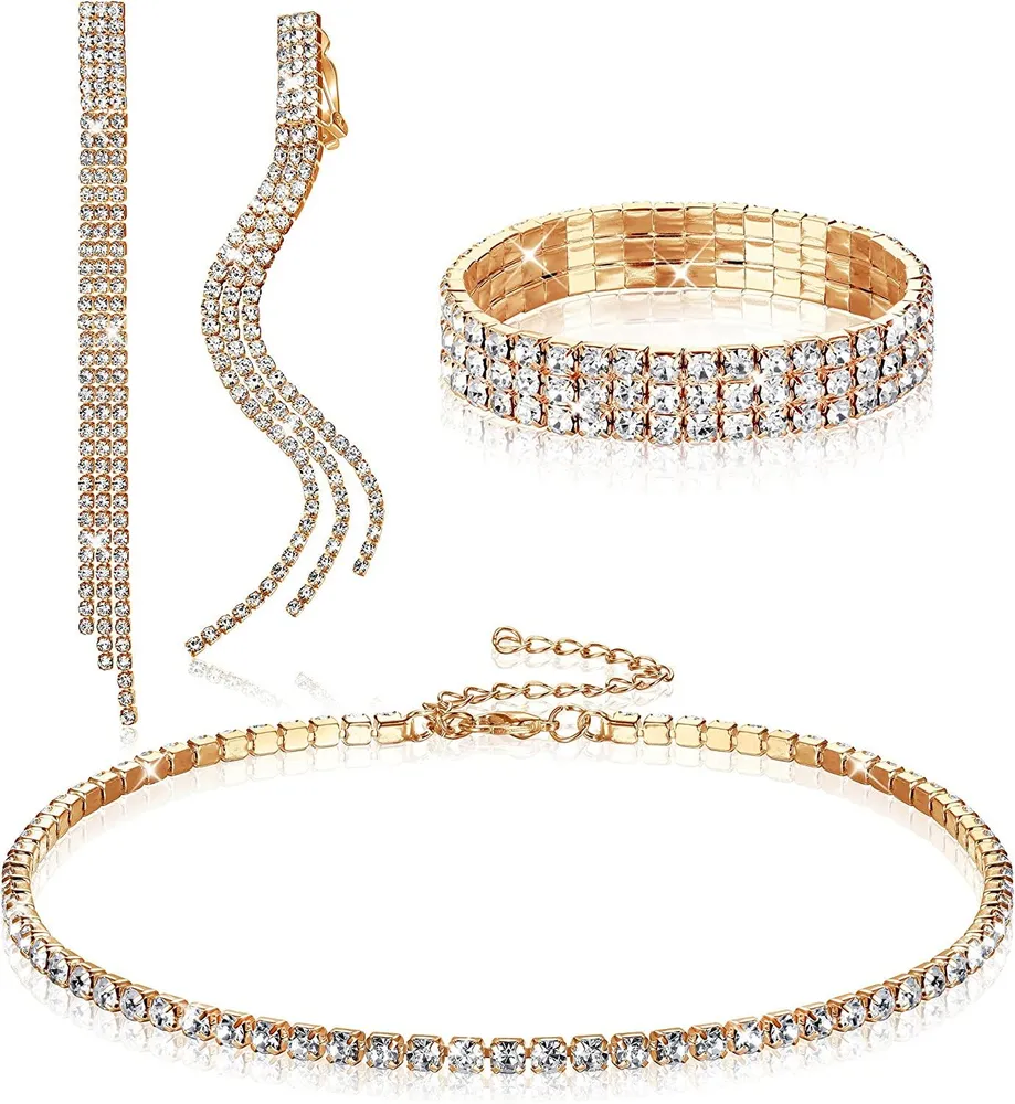 Crystal Choker Kette und Ohrring Sets für Frauen Silber Cup Kette Clear Rhinestone Kette Long Drop Dangle Tassel Clip On Ohrringe mit Rhinestone Stretch Armband