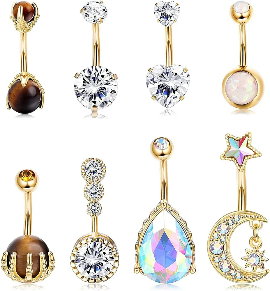 8 PCS Bauchknopfringe Nabelring für Frauen Schädelhand CZ 14G Bauchringe Barbell Edelstahlkörper Piercing Schmuck