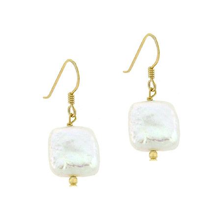 18K Gold über Sterling Silber Frischwasser kultiviert Weiße Münze Pearl Square Dangle Ohrringe