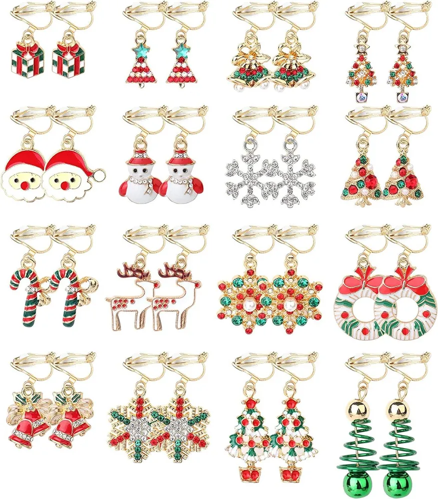16 Paare Weihnachten Assorted Clip auf Ohrringe für Frauen Xmas Baum Glocke Santa Elk Schneeflocken Drop Dangle Ohrringe Set