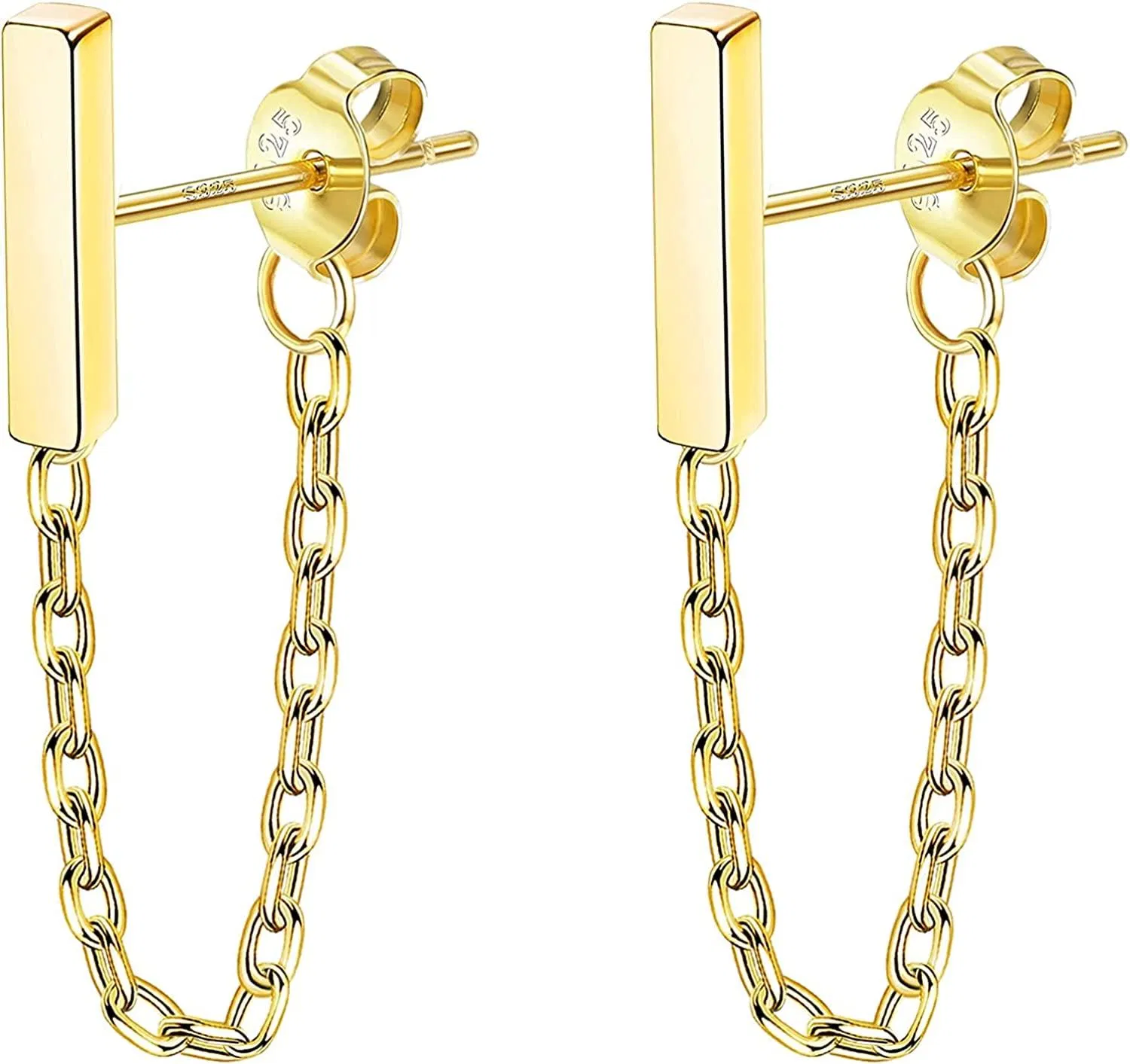 9ct Gold 925 Sterling Silber Stud Ohrringe Bar Schmetterlingsherz Mondblume Cz Blitz Kette Stud Ohrringe Drop Dangle kleine Kette Stud Ohrringe für Frauen Mädchen