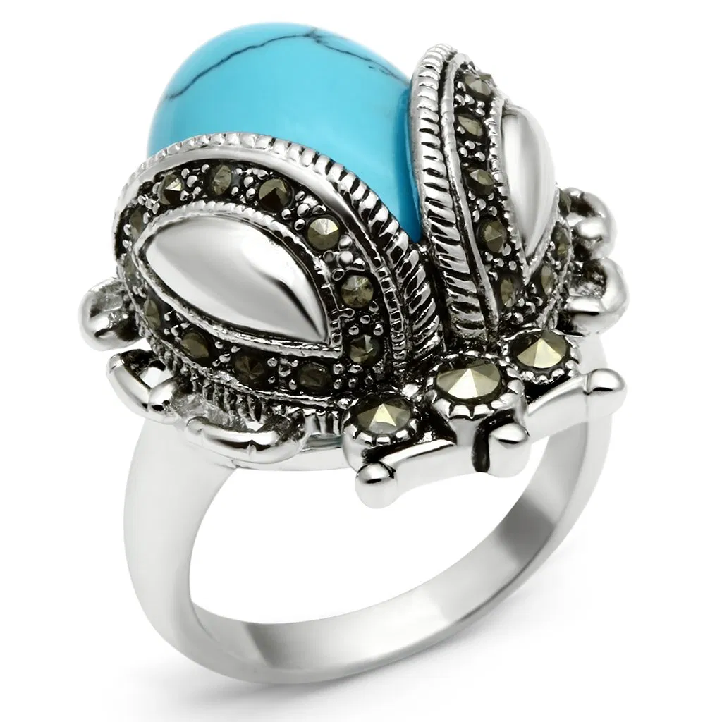 3W181 - Rhodium-Messing - Ring mit synthetischem Türkis in Meerblau
