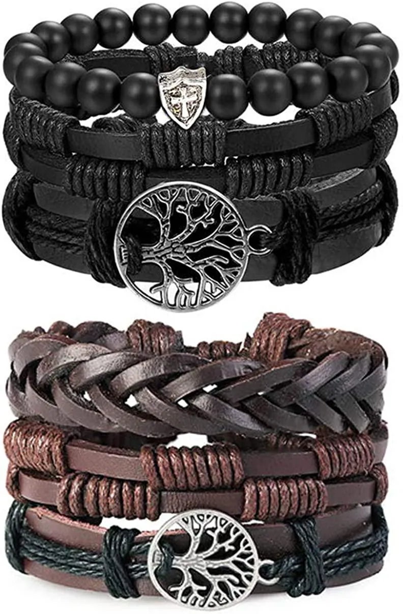 6 Pcs Gewebtes Lederarmband für Männer Frauen Cool Leder Handgelenk Cuff Armbänder einstellbar