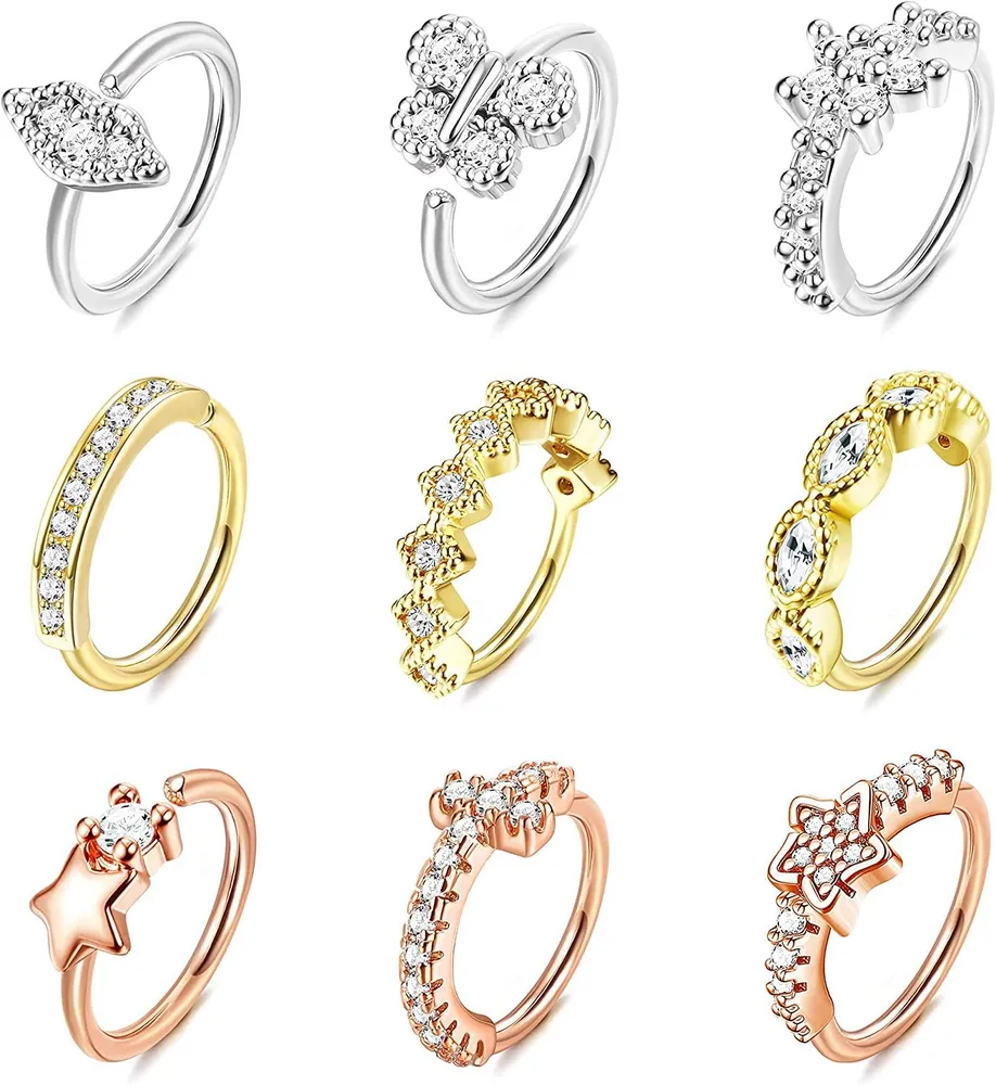 Nasenringe für Frauen Männer 20G Nasenring-Schleife gepflastert CZ Schmetterlingsblume Stern Nasen Piercing Silber Rose Gold Schwarz plattiert Nasenring Set