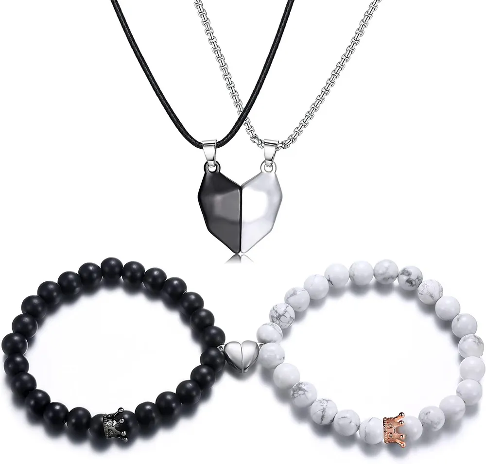 4PCS Zwei Seelen ein Herz passende Halsketten Armbänder für Paare Magnet Wunschstein Halsketten Bandent Set Perlen geflochten verstellbare Armbänder gegenseitige Anziehung Freundschaft Paare