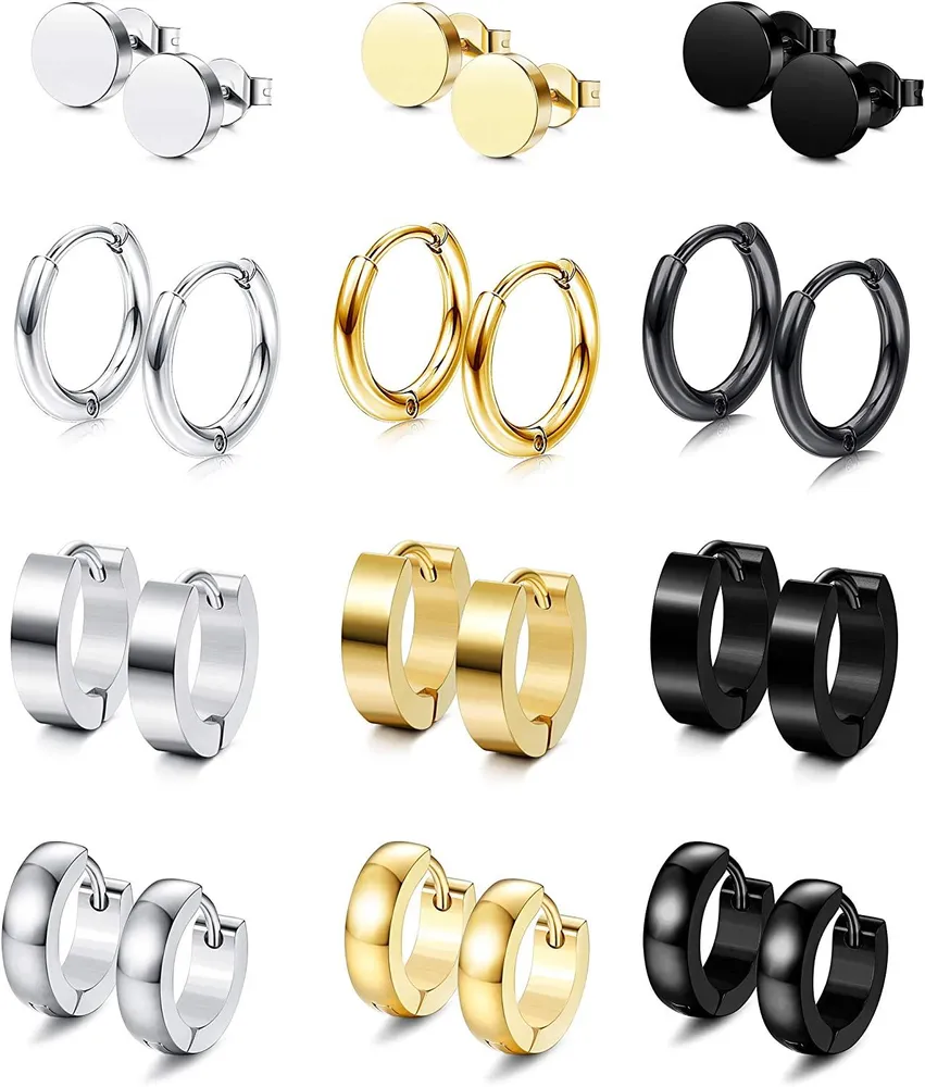 12 Paare Edelstahl Stud Ohrringe Set für Männer Frauen Hoop Huggie Ohrringe Unisex Endloser Knorpel Ohr Piercing