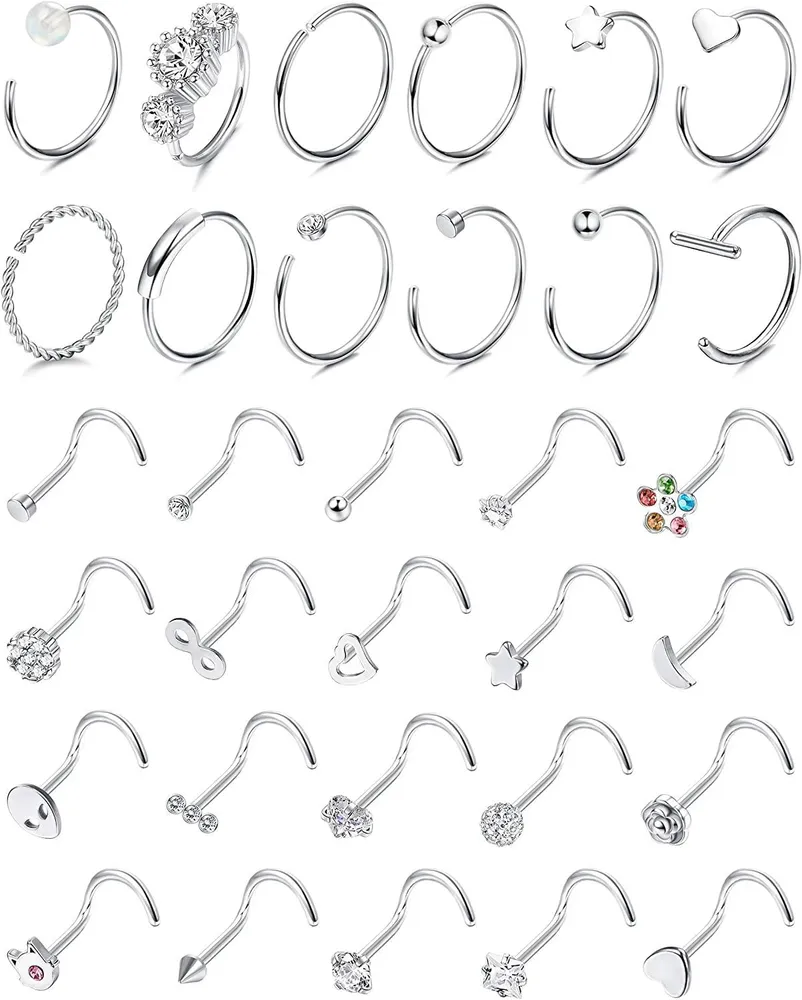 32 Stück 20G Nasenringe für Frauen Männer Edelstahl Nasenring Hoop Knochen L-geformte Schraube Nasen Stud Set Plated Nose Piercing Schmuck