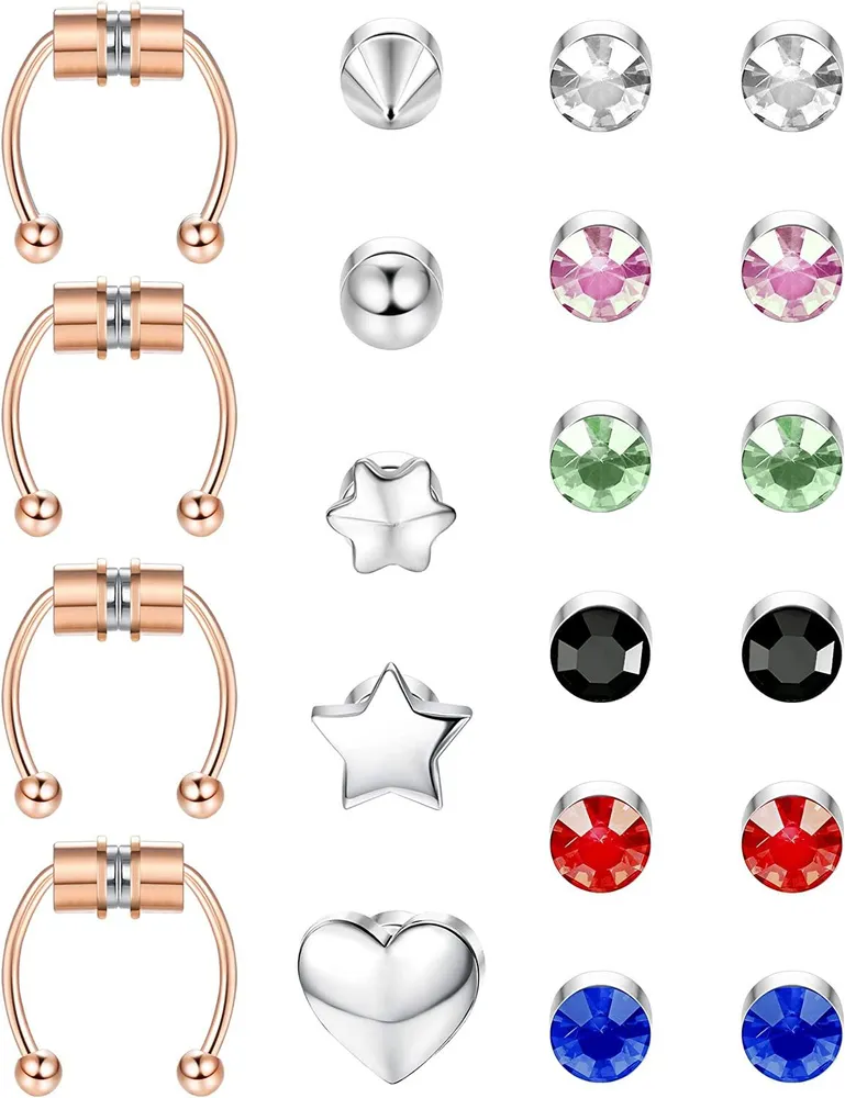 21Pcs Magnetic Septum Nose Ring Horseshoe Fake Nose Ring Hoop Edelstahl Non-Piercing Clip auf CZ Ohrringe Magnetische Stud Ohrringe für Frauen Männer