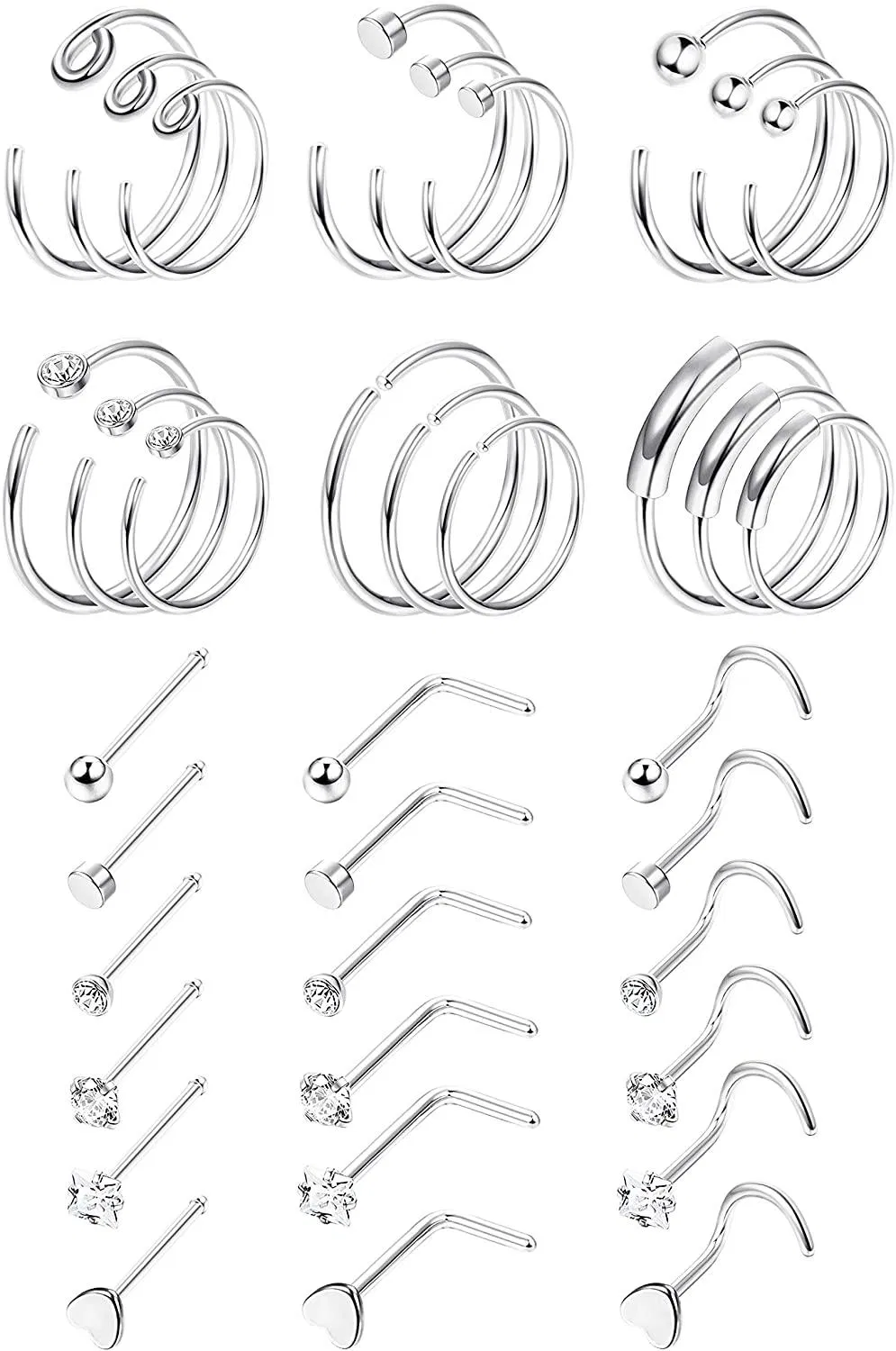 36Pcs 20G Chirurgische Stahl Stud Hoop Nasenringe für Frauen Männer L Knochen Schraube geformt CZ Tragus Knorpel Retention Labret Nasen Piercing Schmuck