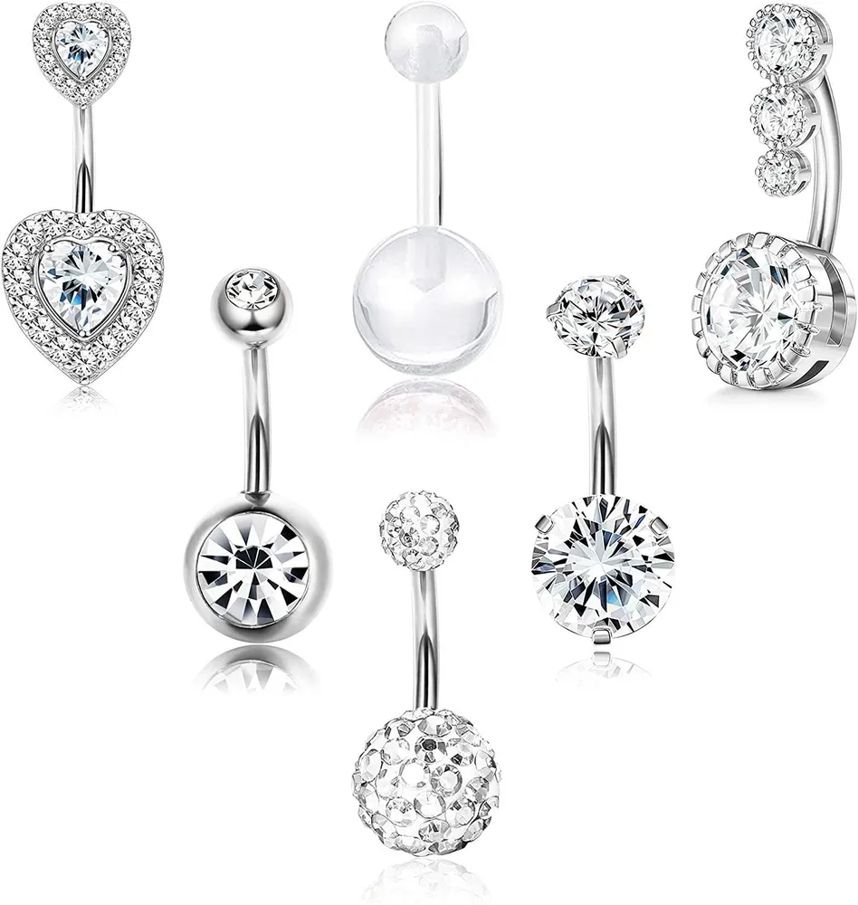 Bauchknopfringe chirurgische Rückwärtsnabelringe für Frauen gekrümmte Barbell CZ süße Körper Piercing Schmuck 14G 6Pcs
