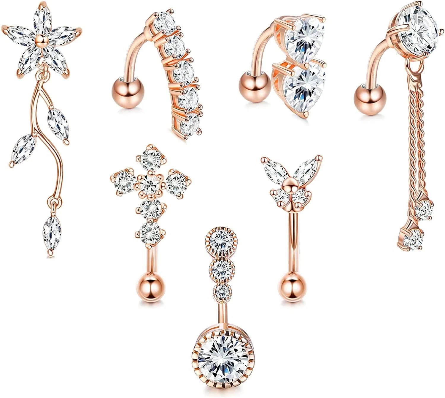 14G Bauchknopfringe für Frauen; 316L chirurgische Rückkehr Nabelringe Clear CZ Flower Cross Belly Rings Curved Barbell Body Piercing