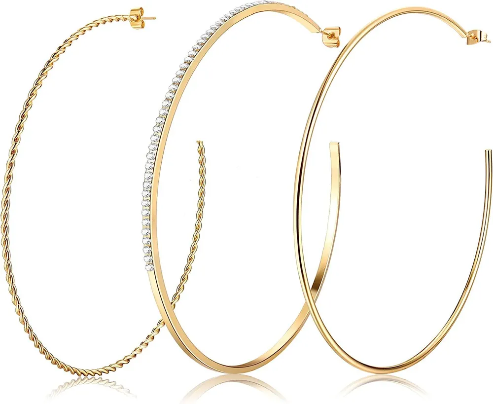 3 Paare Edelstahl Big Hoop Ohrringe für Frauen mit CZ Inlaid Twisted Open Hoop Ohrringe 100mm