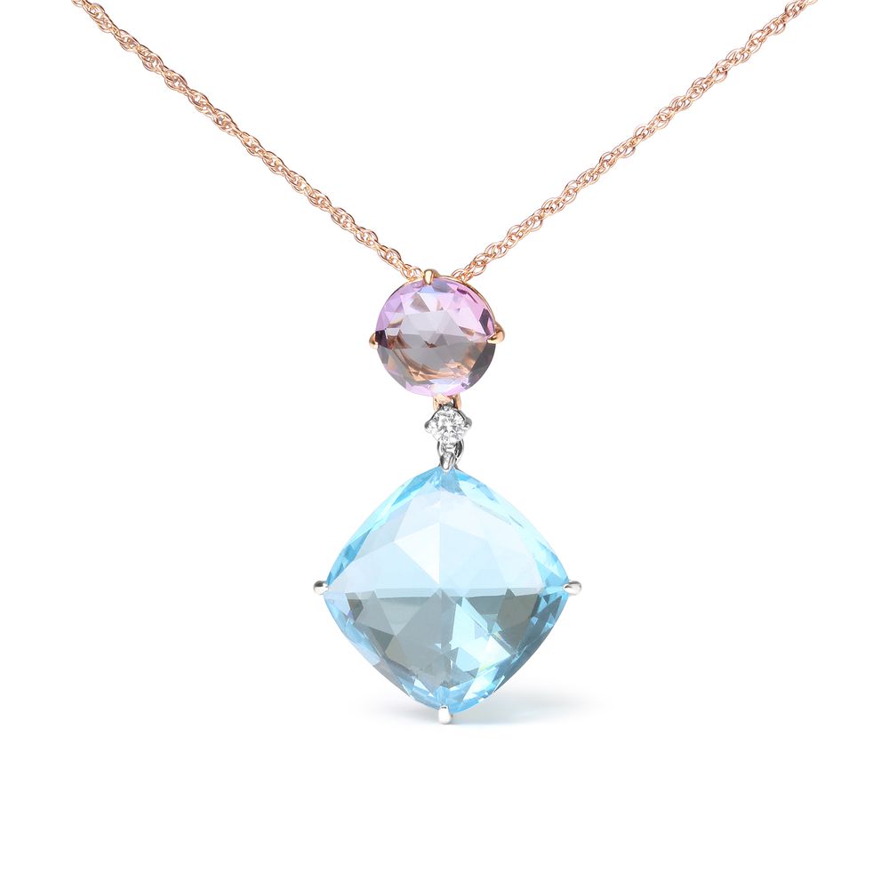 18 Karat Weiß und Roségold Round Diamond Accent und Round Rose De France Pink Amethyst und Kissen Schneiden Himmelblau Topaz Dangle Drop 18