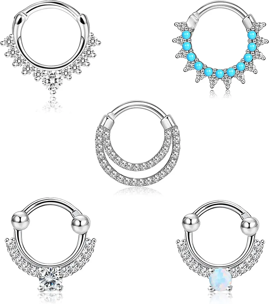 5PCS 16G Septum Ringe Opal Daith Ohrringe Hoop Nose Ringe 316L Edelstahl CZ Knorpel Helix Tragus Ohrringe Septum Clicker Piercing Jewelly 10MM