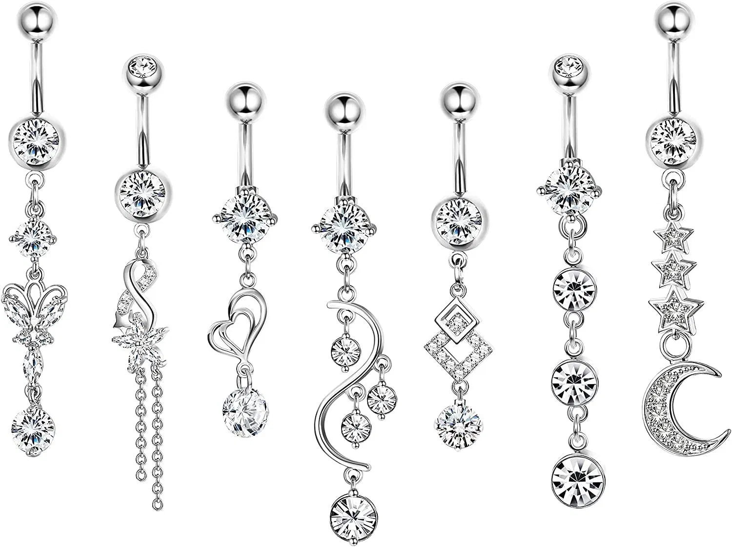 7 Stück 14g Bauchknopfringe Dangle für Frauen Edelstahl Bauchknopfringe süße Nabelringe Clear CZ Inlay Barbell Bauch Piercing Schmuck