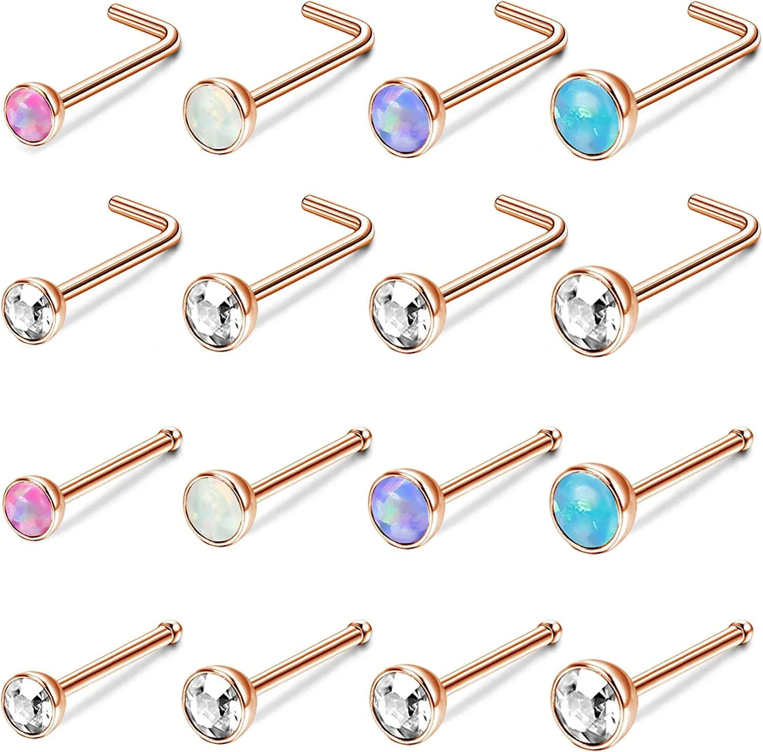 16Pcs 20G Nasenringe Studs Edelknochen L-geformte Nasen Piercings Set 1.5mm 2mm 2.5mm 3mm Opal & Clear CZ Nasenringe für Frauen Männer