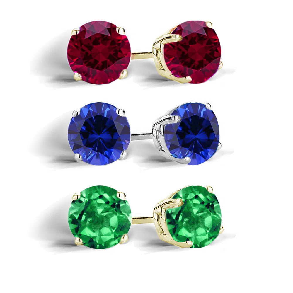 18 Karat Gold über Sterling Silber & Sterling Silber 6ct Multi Color Created Edelstein Stud Ohrringe Set, 6mm