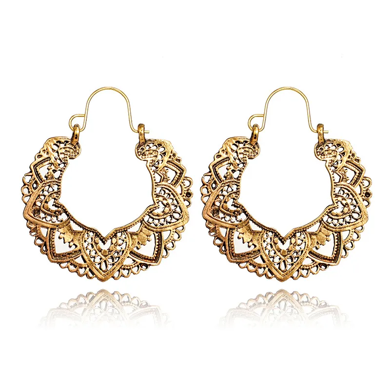 Übertriebenen Vintage Boho Flower geschnitzt Hoop Dangle Ohrringe für Frauen Dekor 1Pair