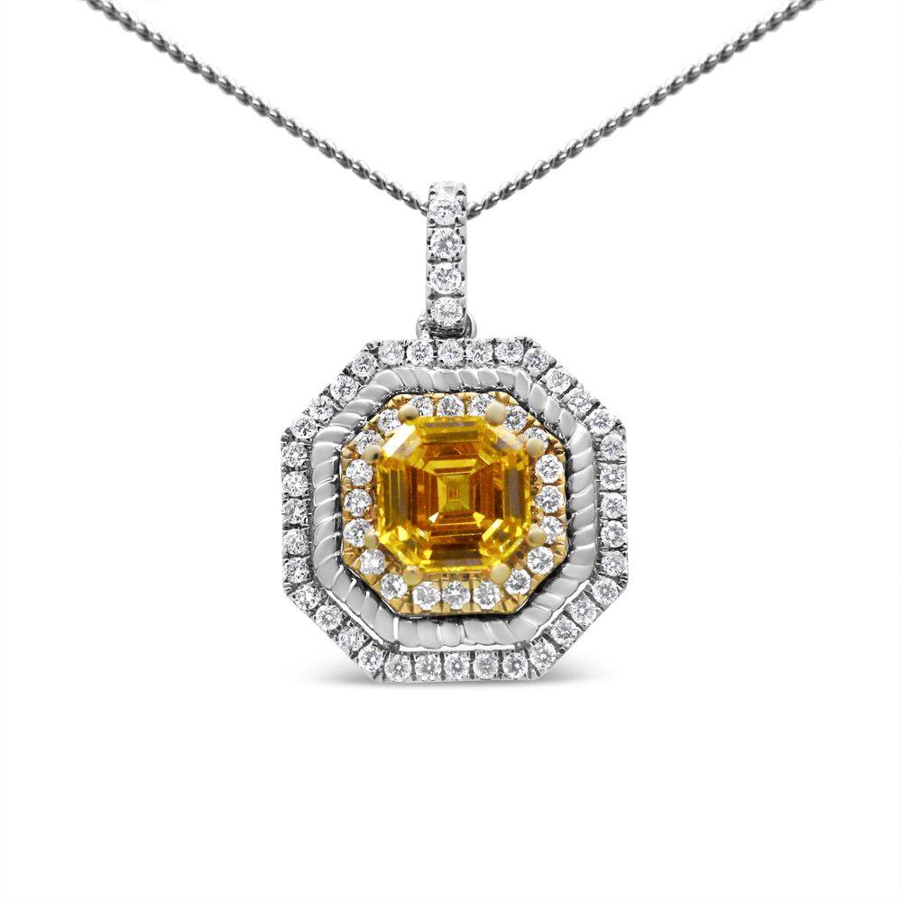 18 Karat Weiß - und Gelbgold 2 1/4 Cttw Lab Grown Yellow Asscher Cut Diamond Art Deco Style Halo 18