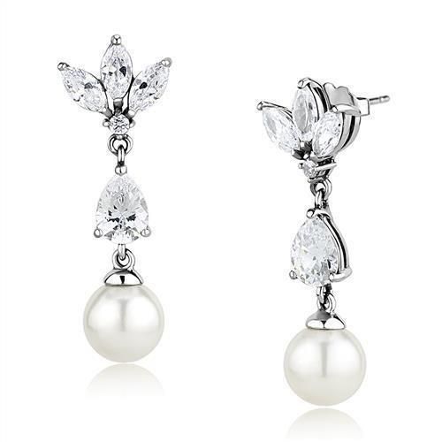 TK3159 - Rhodium-Edelstahl - Ohrringe mit synthetischer Perle in weiß