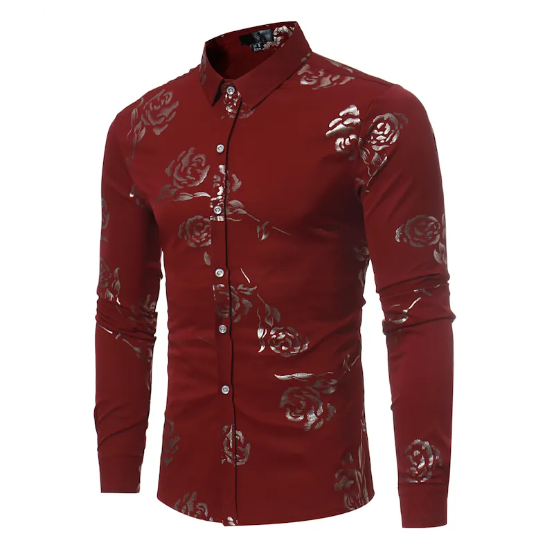 Herren Blumenhemden Gold Rose gedruckt Slim Fit Long Sleeve Dress Button Down Shirts