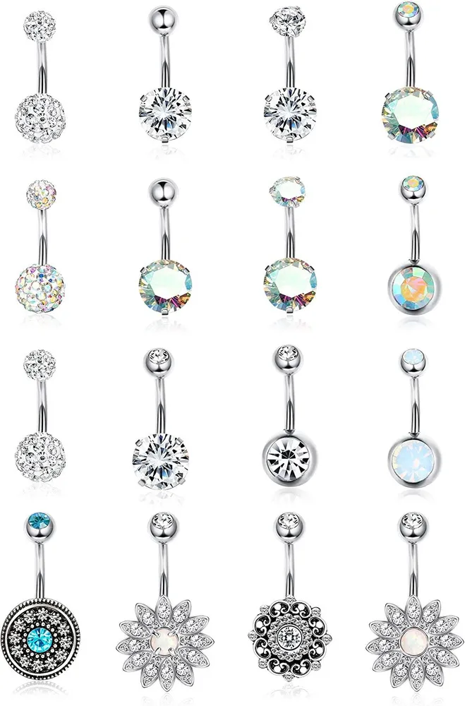 16 Stück 14G Bauchknopfringe Chirurgische für Frauen Nabelringe CZ Kurz gebogen Bauchknopfring Barbell Bauchringe Piercing Set Körper Piercing Schmuck