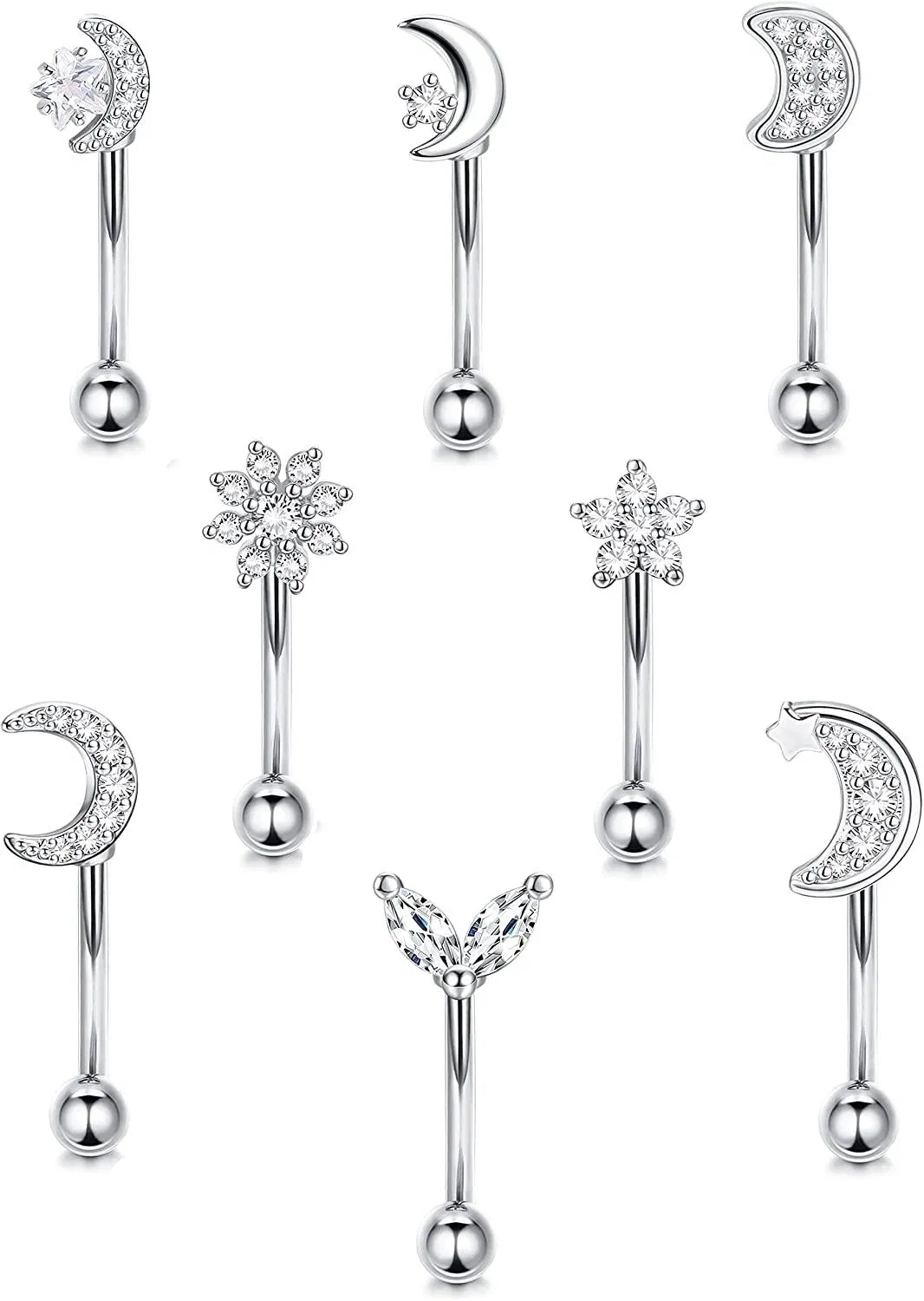 8pcs 16G Bauchknopfringe für Frauen Rook Daith Ohrringe 316L Chirurgische Edelstahl Augenbrauenringe Bauch Lippenring CZ Vorwärts Helix Körper Piercing Kurven Barbell Augenbrauenringe 8mm
