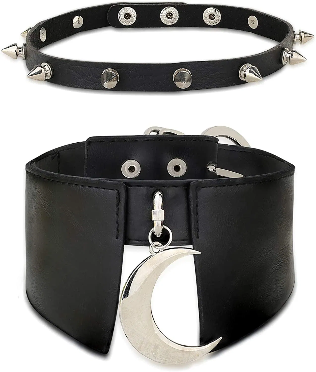 2PCS Schwarzes Leder Choker Kragen für Frauen Vintage Punk Goth Halskette Verstellbar