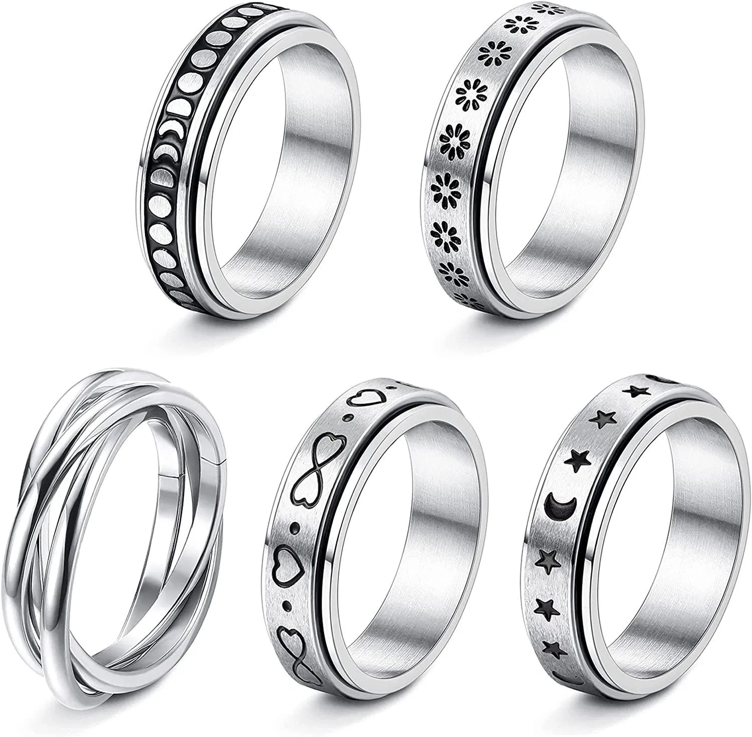 5 Stück Edelstahl-Spinner - Ring für Frauen Mens Fidget-Band - Ringe Mond-Stern - Sonne Keltische Stress-Angst - Linderung Cool Ringe Triple Interlocked Rolling Wide Promise-Ringe Größe 7
