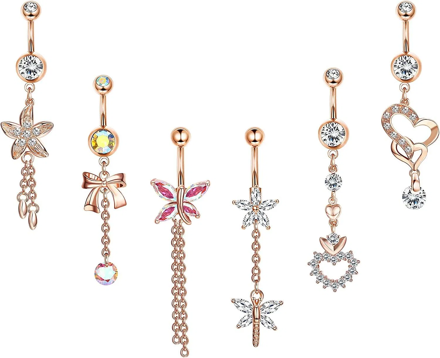 6pcs 14G Bauchknopfringe Dangle Nabelringe Hanging Barbell Cz gepflastert chirurgische Schmetterlingsblumen Herz Sternfisch Opal Körper Piercing Sommer Strand Schmuck für Frauen