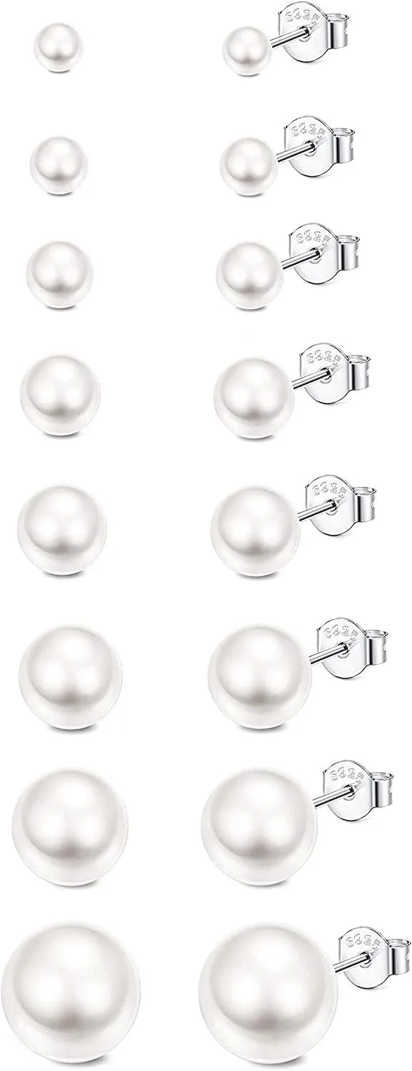 8 Paare Perlen Ohrringe Set 925 Sterling Silber Perlen Stud Ohrringe für Frauen Mum Girls einfache elegante weiße Frischwasser Perlen Ohrringe Vintage Stud Ohrringe Geschenk für Frauen